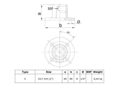 Technische tekening van type C, grootte 33,7 mm, 1/4 inch BSP, gewicht 0,44 kg