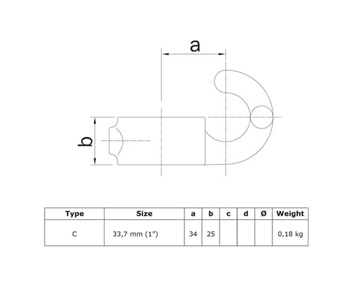 Technische tekening van een haak type C met de afmetingen 33,7 mm en een gewicht van 0,18 kg.