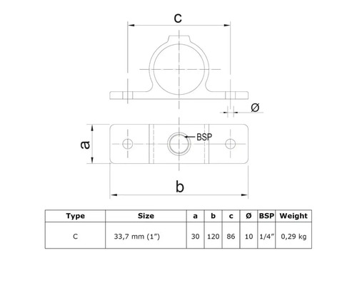 Technische tekening buisklem type C met maatvoering