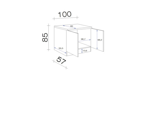 Technische tekening van een onderkast met maatgegevens