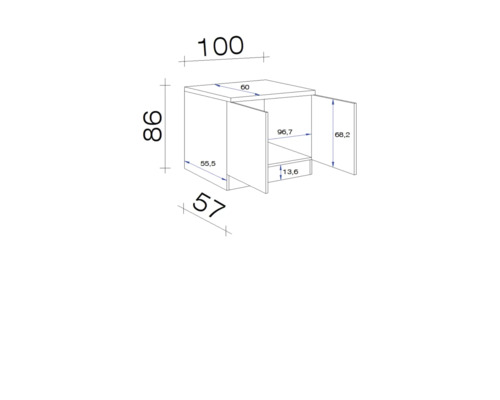 Technische tekening van een badkameronderkast met maatvoering