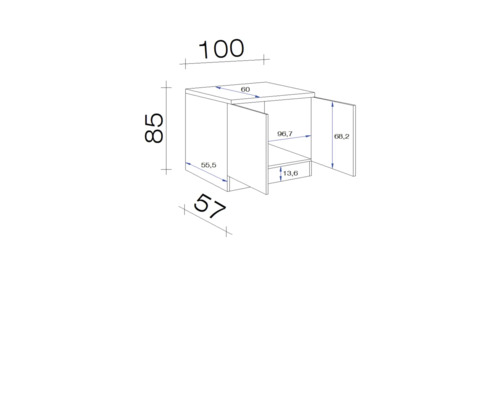 Technische tekening van een onderkast met maatvoering