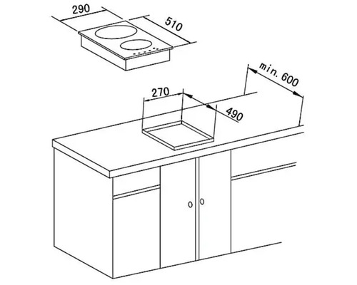Tekening van een kookplaat met afmetingen voor installatie in een keukenblok