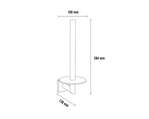 Technische tekening van een toiletpapierhouder met maatvoering.
