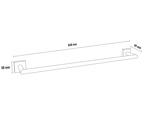 Handdoekhouder met afmetingen 630 mm lengte, 50 mm hoogte en 85 mm breedte.