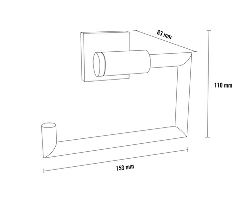 Afbeelding van een toiletpapierhouder met de afmetingen 63 mm, 110 mm en 153 mm.