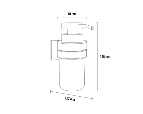 Technische tekening van een zeepdispenser met wandhouder en maatgegevens