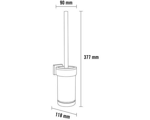 Afmetingen van een wandtoiletborstelgarnituur met een hoogte van 377 mm, een breedte van 118 mm en een diepte van 90 mm.