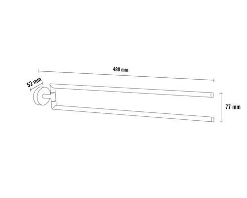 Afbeelding van een handdoekhouder met afmetingen van 480 mm lang, 77 mm hoog en 52 mm diep.