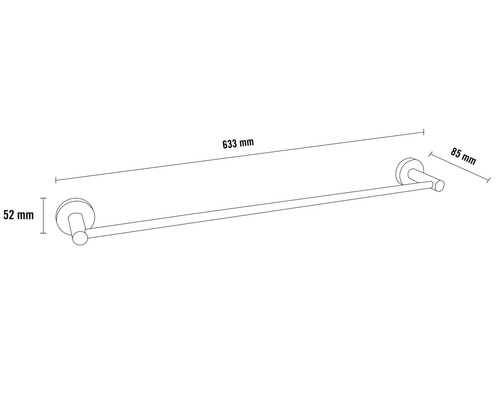 Handdoekhouder met de afmetingen 633 mm lengte, 52 mm hoogte en 85 mm diepte.