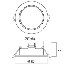 Technische tekening van een ronde inbouwspot met de afmetingen 68, 87 en 35 millimeter