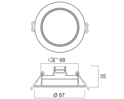 Technische tekening van een ronde inbouwspot met de afmetingen 68, 87 en 35 millimeter