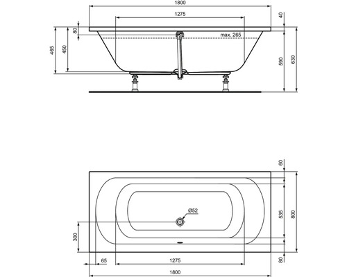 Technische tekening van een badkuip met afmetingen