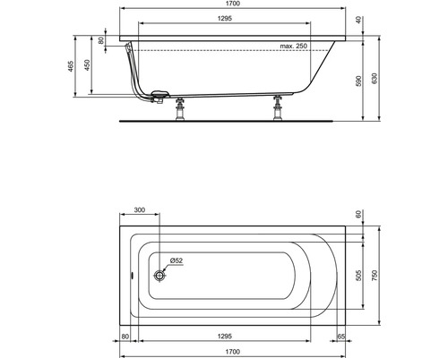Technische tekening van een badkuip met afmetingen.