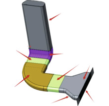 L-vormige ventilatiepijp met meerdere secties en pijlen die naar details wijzen.