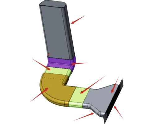 L-vormige ventilatiepijp met meerdere secties en pijlen die naar details wijzen.
