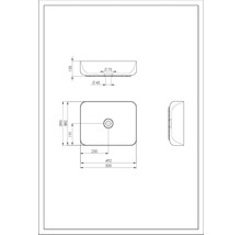 Technische tekening van een rechthoekige opzetwastafel met afmetingen
