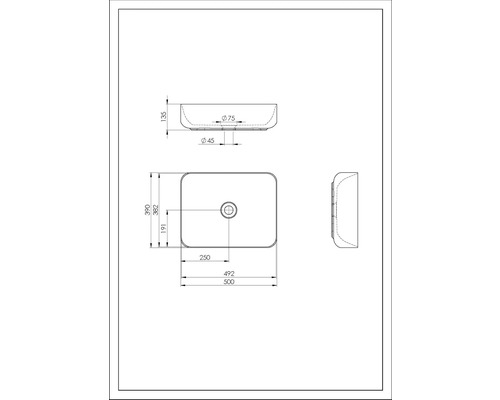 Technische tekening van een rechthoekige opzetwastafel met afmetingen