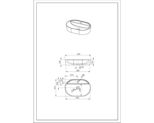Technische tekening van een wastafel met afmetingen