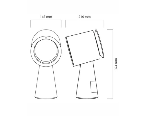Technische tekening van een tafellamp met afmetingen