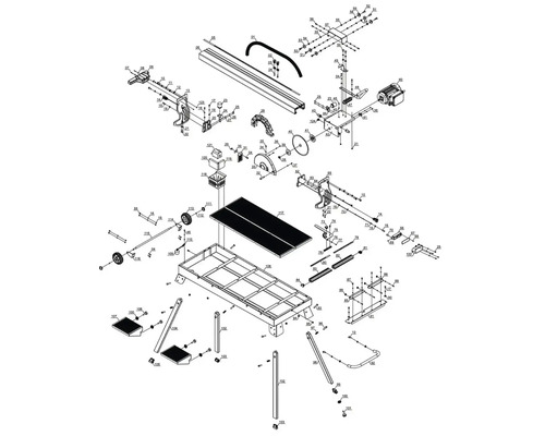 Explosietekening van een tegelsnijmachine met losse onderdelen
