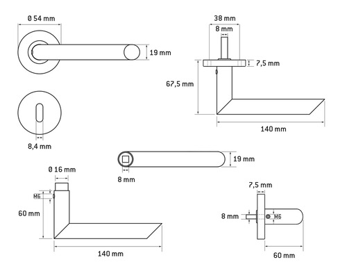 Technische tekening van een deurklink met afmetingen