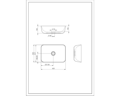 Technische tekening van een opzetwastafel met afmetingen