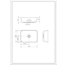 Technische tekening van een opzetwastafel met afmetingen