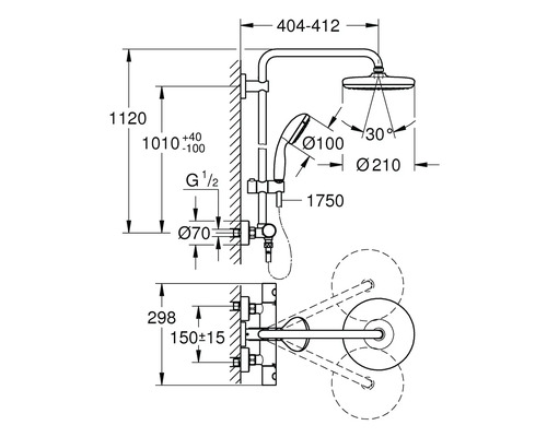 Technische tekening van een douchearmatuur met afmetingen.