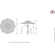 Technische tekening van een achtdelige, ronde en windvaste parasol met knikmechanisme en centrale mast.