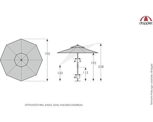 Technische tekening van een achtdelige, ronde en windvaste parasol met knikmechanisme en centrale mast.
