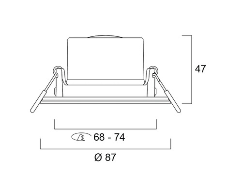 Technische tekening van een inbouwlamp met afmetingen