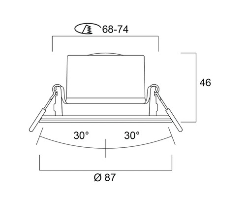 Technische tekening van een inbouwlamp met maatvoering