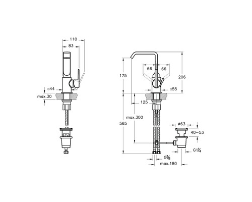 Technische tekening van een kraan met maataanduidingen