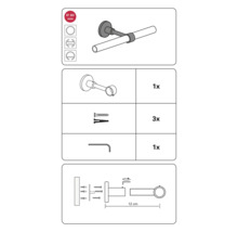 Montage-instructies voor een gordijnroede met accessoires en maataanduidingen