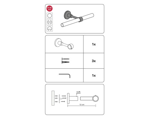 Montage-instructies voor een gordijnroede met accessoires en maataanduidingen