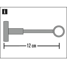 Schema van een gordijnroedehouder met afmetingen van twaalf centimeter.