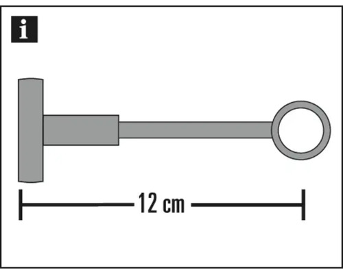 Schema van een gordijnroedehouder met afmetingen van twaalf centimeter.