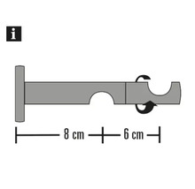 Schets van een gordijnroedehouder met de afmetingen acht en zes centimeter.