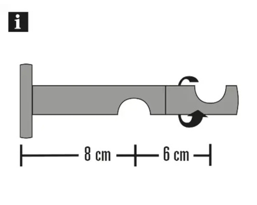 Schets van een gordijnroedehouder met de afmetingen acht en zes centimeter.