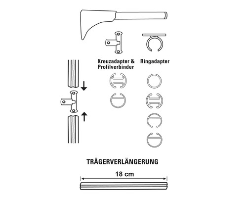 Schets van accessoires voor gordijnroedes, inclusief kruisadapter, ringadapter, profielverbinder en een dragerverlengstuk van 18 centimeter lang