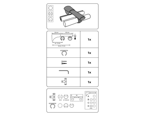 Illustratie van een kledingroede met montage-instructies en accessoires