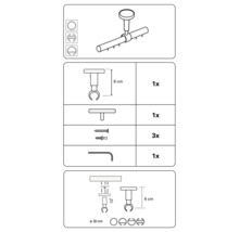 Tekening van een plafondgordijnroede met accessoires en afmetingen