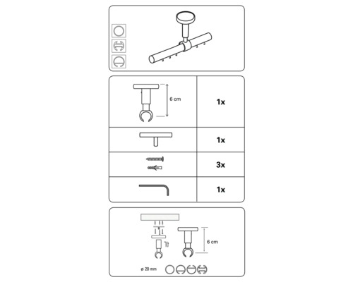 Tekening van een plafondgordijnroede met accessoires en afmetingen
