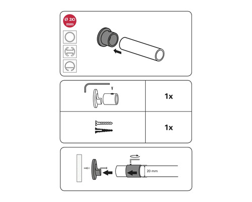 Montage-instructies voor een gordijnroede met een diameter van 20 millimeter.
