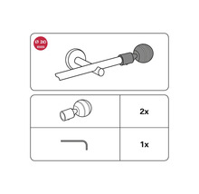 Diagram van een gordijnroede met een diameter van 20 millimeter en accessoires