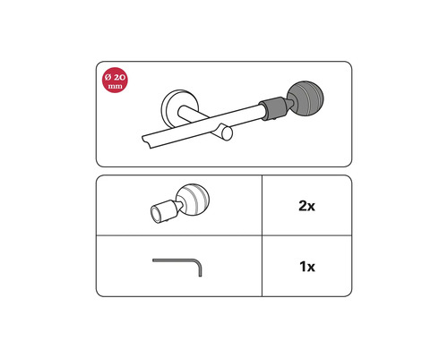 Diagram van een gordijnroede met een diameter van 20 millimeter en accessoires