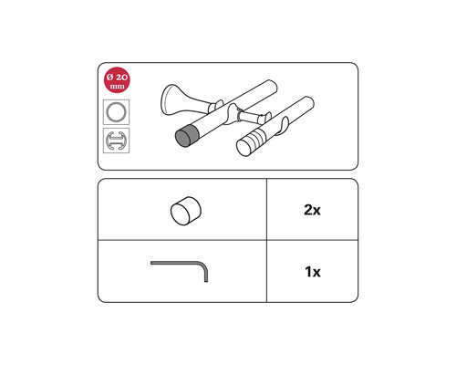 Tekening van gordijnroede accessoires met een diameter van 20 millimeter en montage-instructies