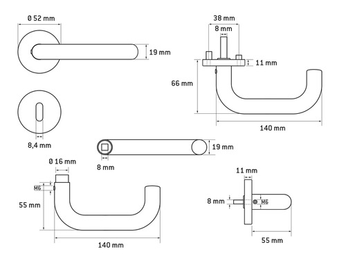 Technische tekening van een deurkruk met maataanduidingen