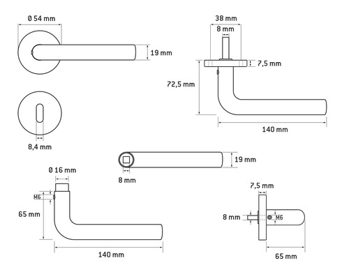 Technische tekening van een deurklink met afmetingen
